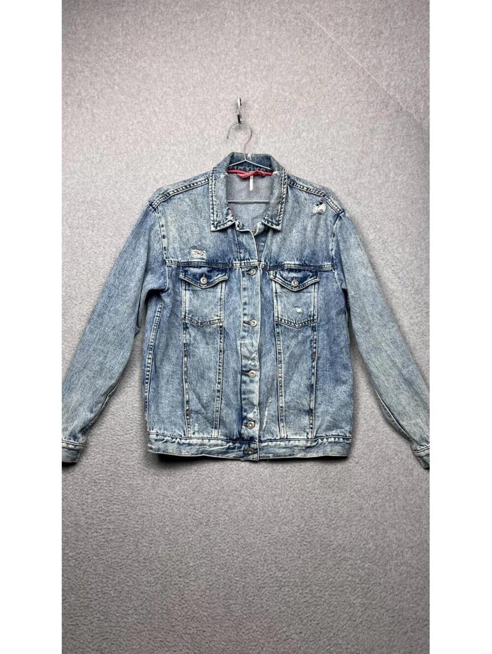 Free People Ramona Denim Trucker Jacket Blue Distressed Jean Oversized Boho XS